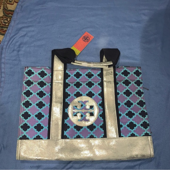 Tory Burch Geometric Print Metallic Panels Women's Purple Shoulder Tote Bag - Picture 2 of 5